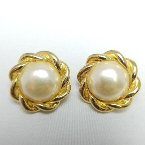Vintage Faux Pearl Gold Tone Clip On Earrings, Dome Shape, 80s 90s Style - Picture 1 of 6